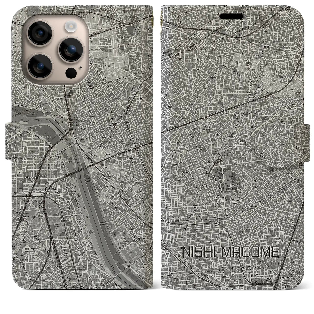 【西馬込（東京都）】地図柄iPhoneケース（手帳タイプ）モノトーン・iPhone 16 Plus 用