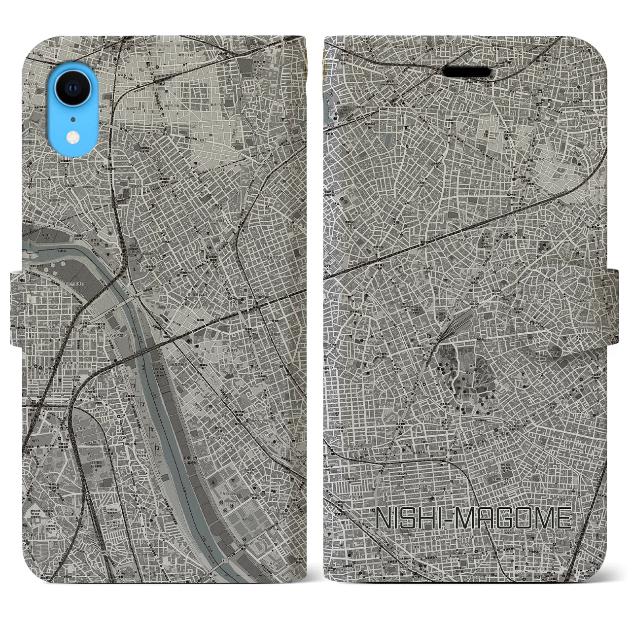 【西馬込】地図柄iPhoneケース（手帳両面タイプ・モノトーン）iPhone XR 用