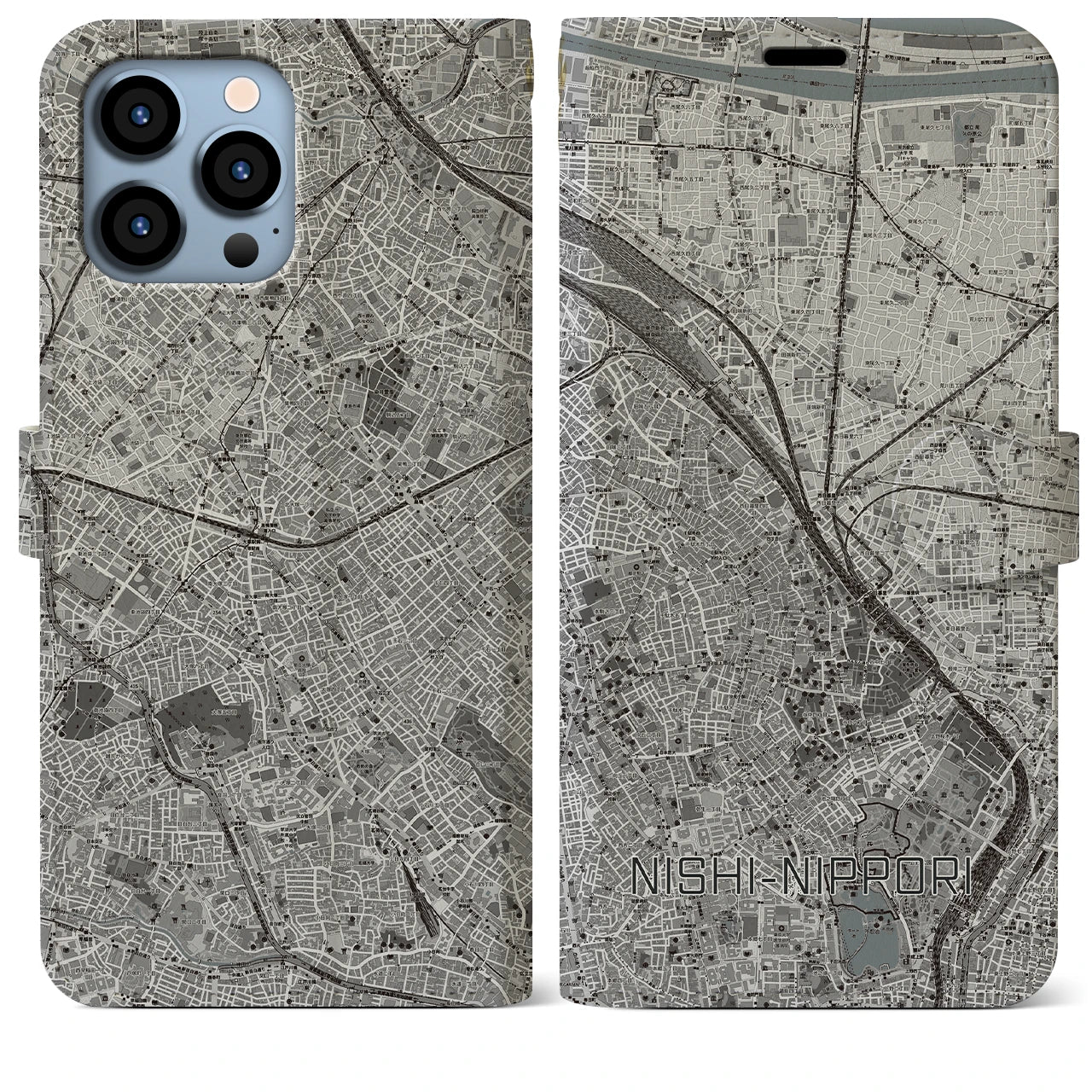 【西日暮里】地図柄iPhoneケース（手帳両面タイプ・モノトーン）iPhone 13 Pro Max 用
