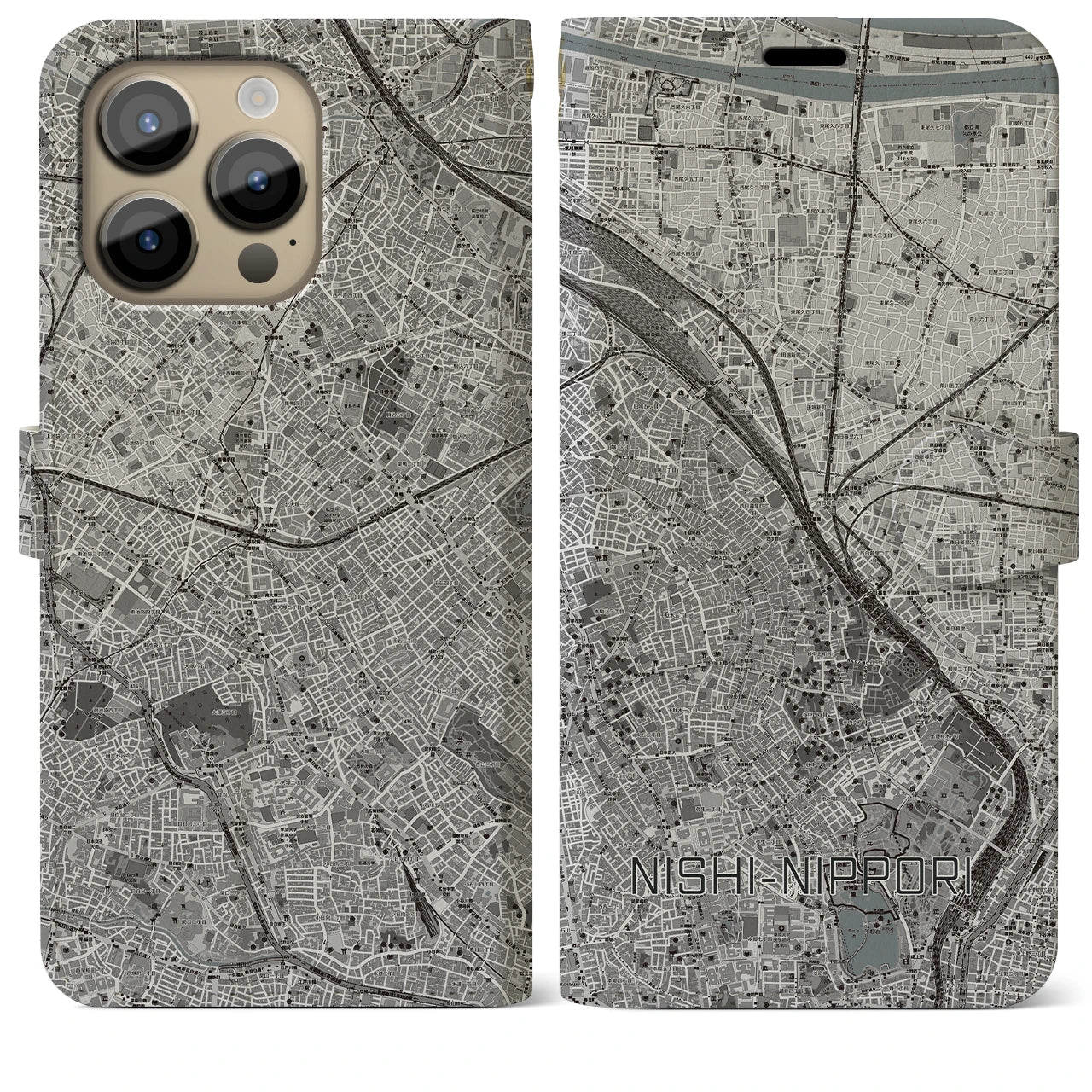 【西日暮里】地図柄iPhoneケース（手帳両面タイプ・モノトーン）iPhone 14 Pro Max 用