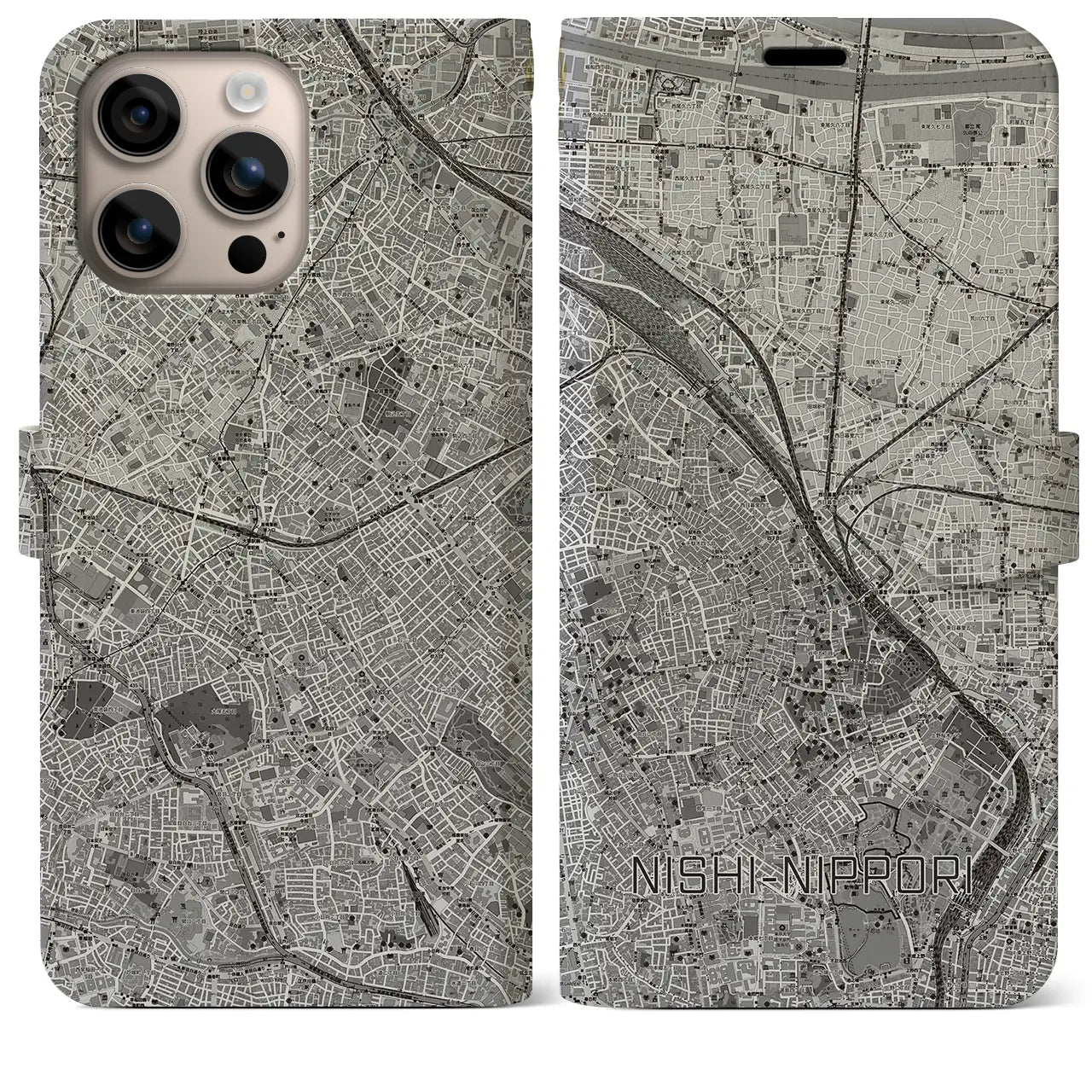 【西日暮里（東京都）】地図柄iPhoneケース（手帳タイプ）モノトーン・iPhone 16 Plus 用