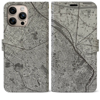 【西日暮里（東京都）】地図柄iPhoneケース（手帳タイプ）モノトーン・iPhone 16 Plus 用