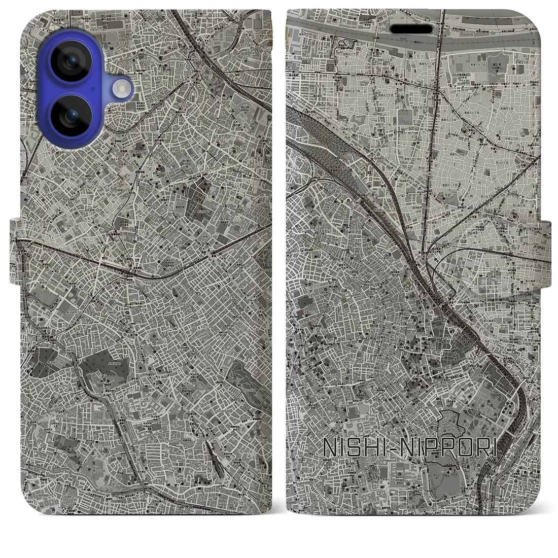 【西日暮里(東京都)】地図柄iPhoneケース(手帳タイプ)モノトーン・iPhone 16 Pro Max 用