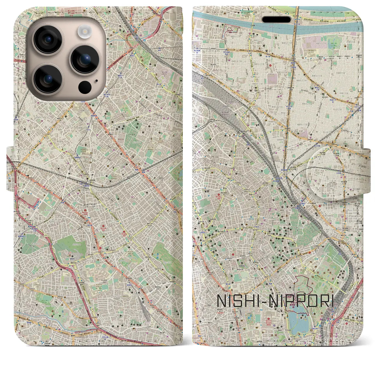 【西日暮里（東京都）】地図柄iPhoneケース（手帳タイプ）ナチュラル・iPhone 16 Plus 用