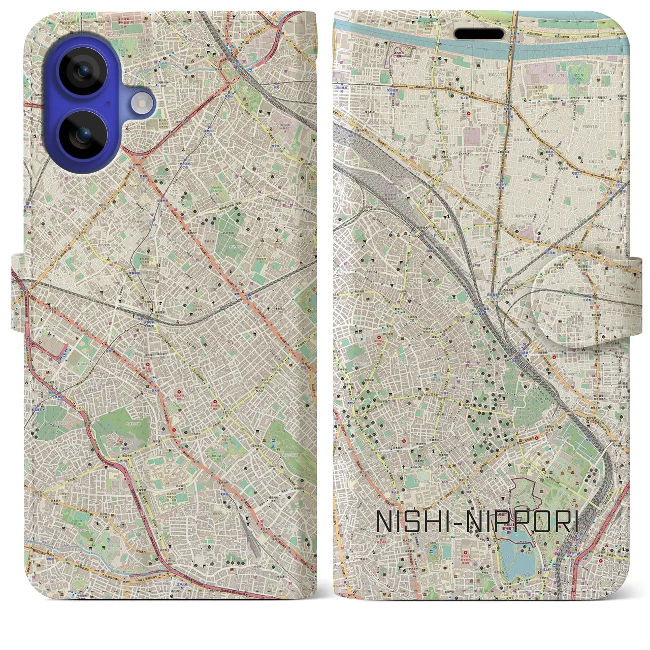 【西日暮里（東京都）】地図柄iPhoneケース（手帳タイプ）ナチュラル・iPhone 16 Pro Max 用