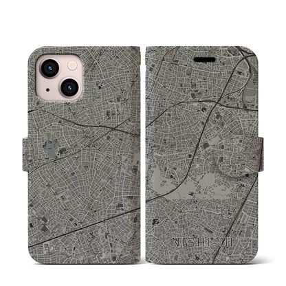 【西大井（東京都）】地図柄iPhoneケース（手帳タイプ）モノトーン・iPhone 13 mini 用