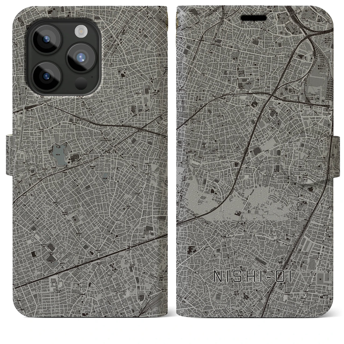 【西大井】地図柄iPhoneケース（手帳両面タイプ・モノトーン）iPhone 15 Pro Max 用