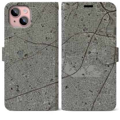 【西大井（東京都）】地図柄iPhoneケース（手帳タイプ）モノトーン・iPhone 15 Plus 用