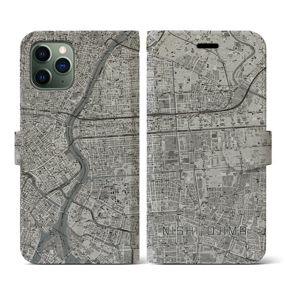 【西大島（東京都）】地図柄iPhoneケース（手帳タイプ）モノトーン・iPhone 11 Pro 用