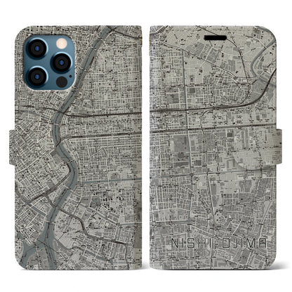 【西大島（東京都）】地図柄iPhoneケース（手帳タイプ）モノトーン・iPhone 12 / 12 Pro 用