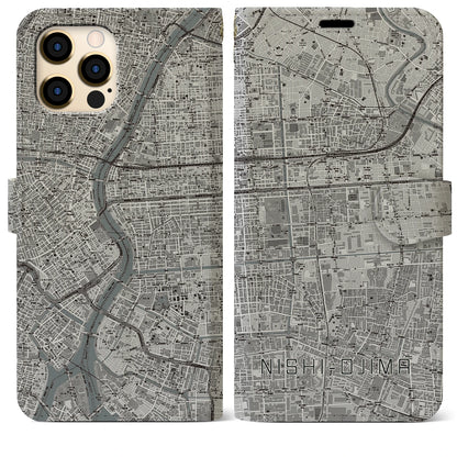 【西大島（東京都）】地図柄iPhoneケース（手帳タイプ）モノトーン・iPhone 12 Pro Max 用