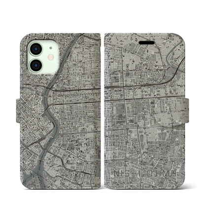 【西大島（東京都）】地図柄iPhoneケース（手帳タイプ）モノトーン・iPhone 12 mini 用