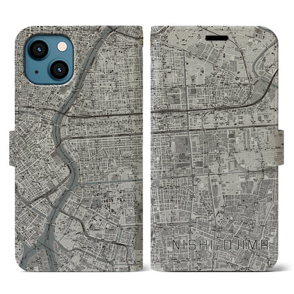 【西大島（東京都）】地図柄iPhoneケース（手帳タイプ）モノトーン・iPhone 13 用