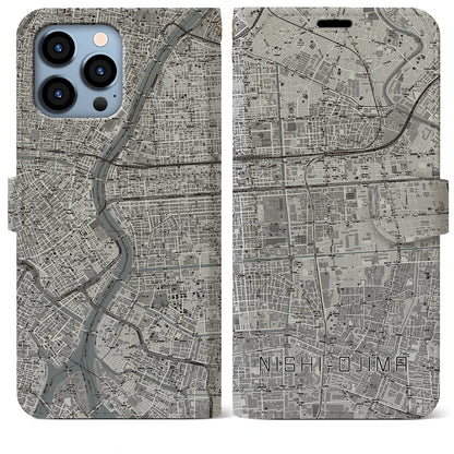 【西大島（東京都）】地図柄iPhoneケース（手帳タイプ）モノトーン・iPhone 13 Pro Max 用