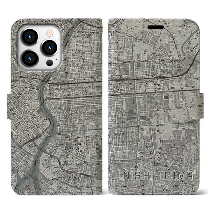 【西大島（東京都）】地図柄iPhoneケース（手帳タイプ）モノトーン・iPhone 13 Pro 用