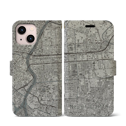 【西大島（東京都）】地図柄iPhoneケース（手帳タイプ）モノトーン・iPhone 13 mini 用