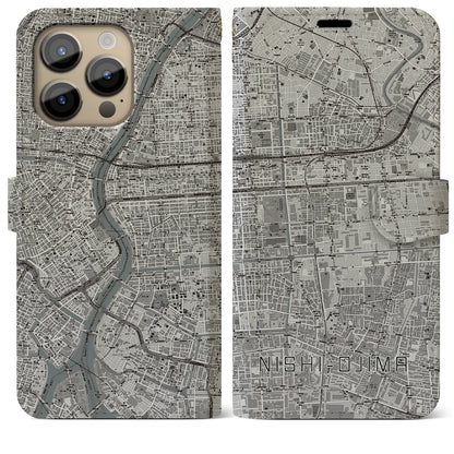 【西大島（東京都）】地図柄iPhoneケース（手帳タイプ）モノトーン・iPhone 14 Pro Max 用