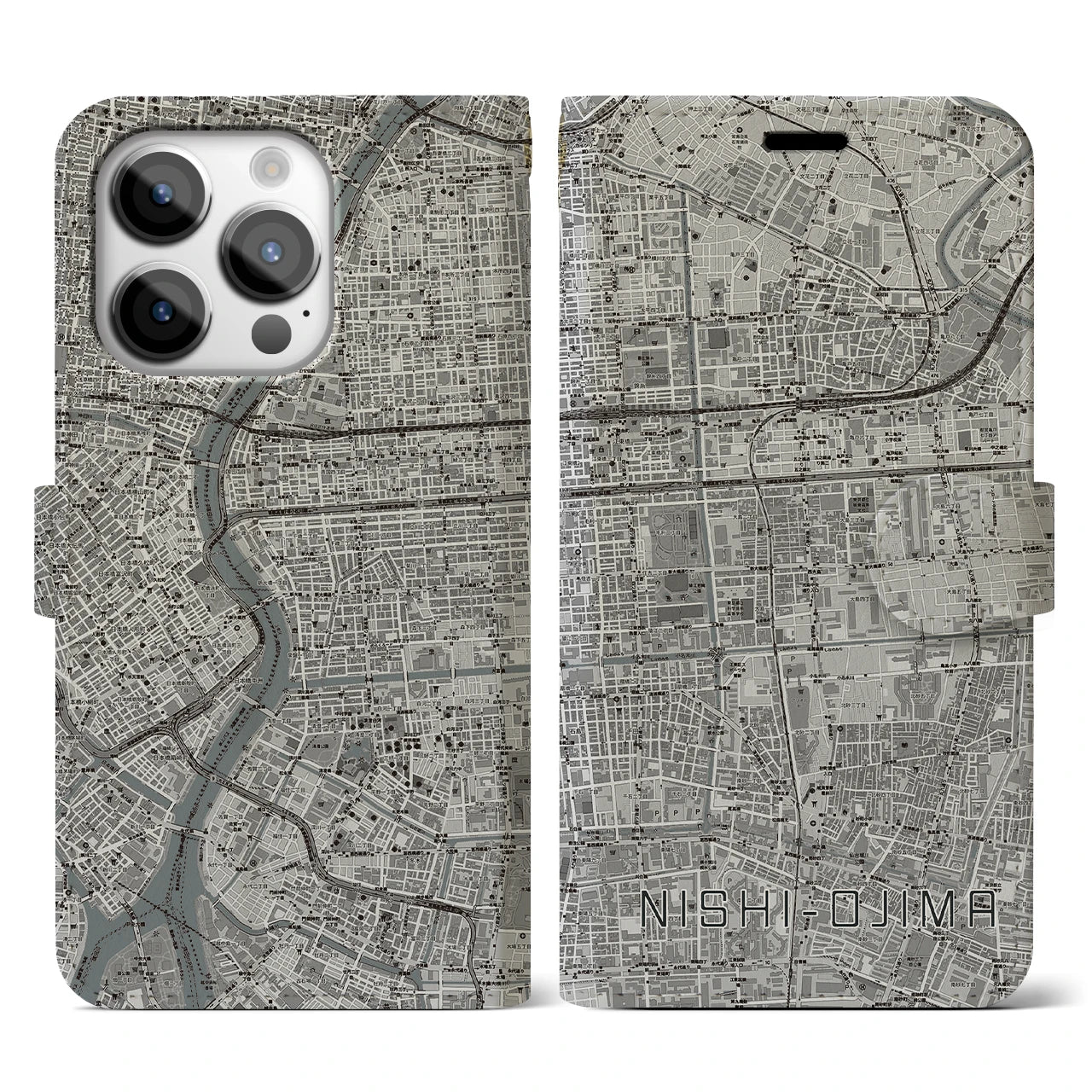 【西大島】地図柄iPhoneケース（手帳両面タイプ・モノトーン）iPhone 14 Pro 用