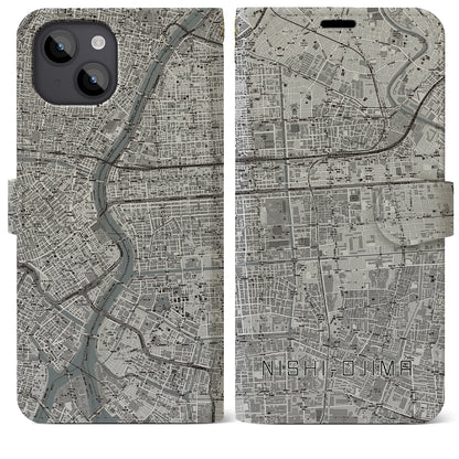 【西大島（東京都）】地図柄iPhoneケース（手帳タイプ）モノトーン・iPhone 14 Plus 用