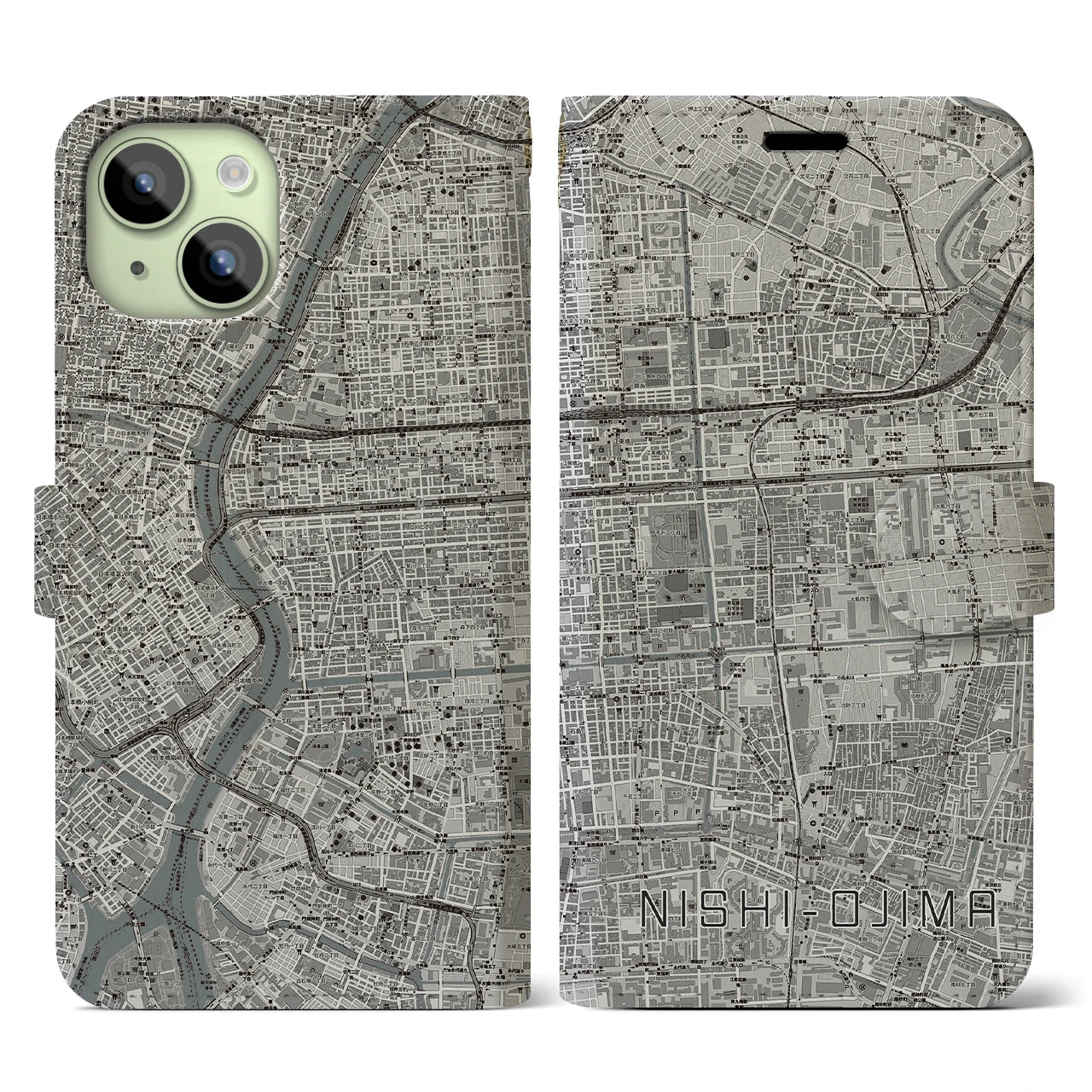 【西大島】地図柄iPhoneケース（手帳両面タイプ・モノトーン）iPhone 15 用