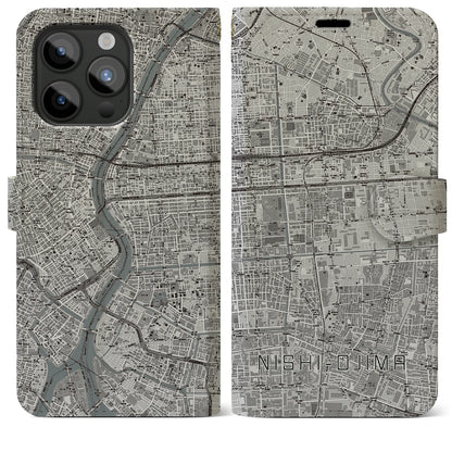 【西大島（東京都）】地図柄iPhoneケース（手帳タイプ）モノトーン・iPhone 15 Pro Max 用