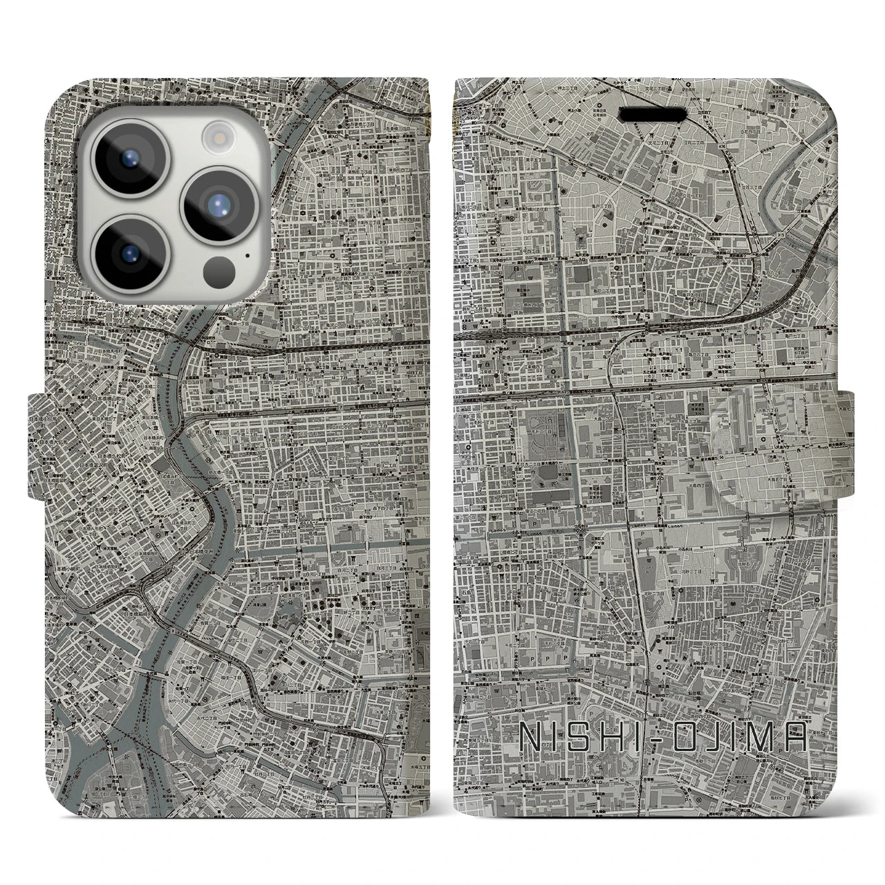 【西大島】地図柄iPhoneケース（手帳両面タイプ・モノトーン）iPhone 15 Pro 用