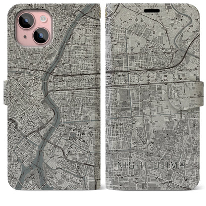 【西大島（東京都）】地図柄iPhoneケース（手帳タイプ）モノトーン・iPhone 15 Plus 用