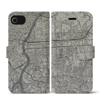 【西大島（東京都）】地図柄iPhoneケース（手帳タイプ）モノトーン・iPhone SE（第3 / 第2世代） / 8 / 7 / 6s / 6 用