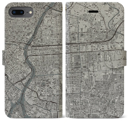 【西大島（東京都）】地図柄iPhoneケース（手帳タイプ）モノトーン・iPhone 8Plus /7Plus / 6sPlus / 6Plus 用