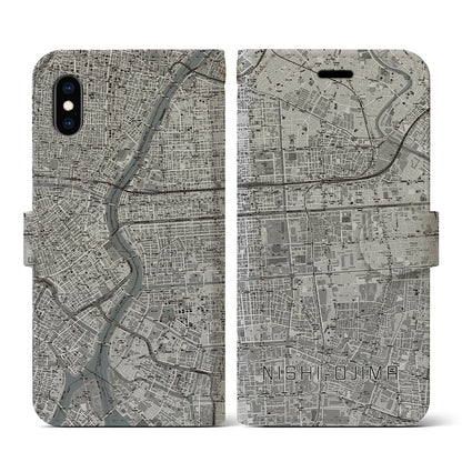 【西大島（東京都）】地図柄iPhoneケース（手帳タイプ）モノトーン・iPhone XS / X 用