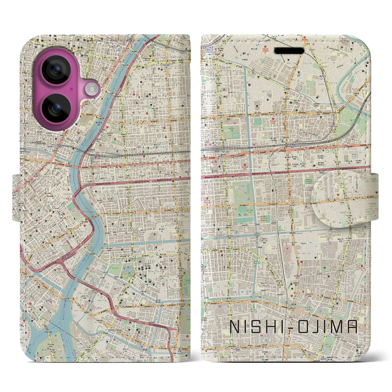 【西大島（東京都）】地図柄iPhoneケース（手帳タイプ）ナチュラル・iPhone 16 Pro 用