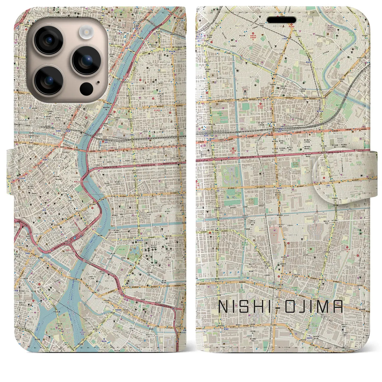 【西大島（東京都）】地図柄iPhoneケース（手帳タイプ）ナチュラル・iPhone 16 Plus 用