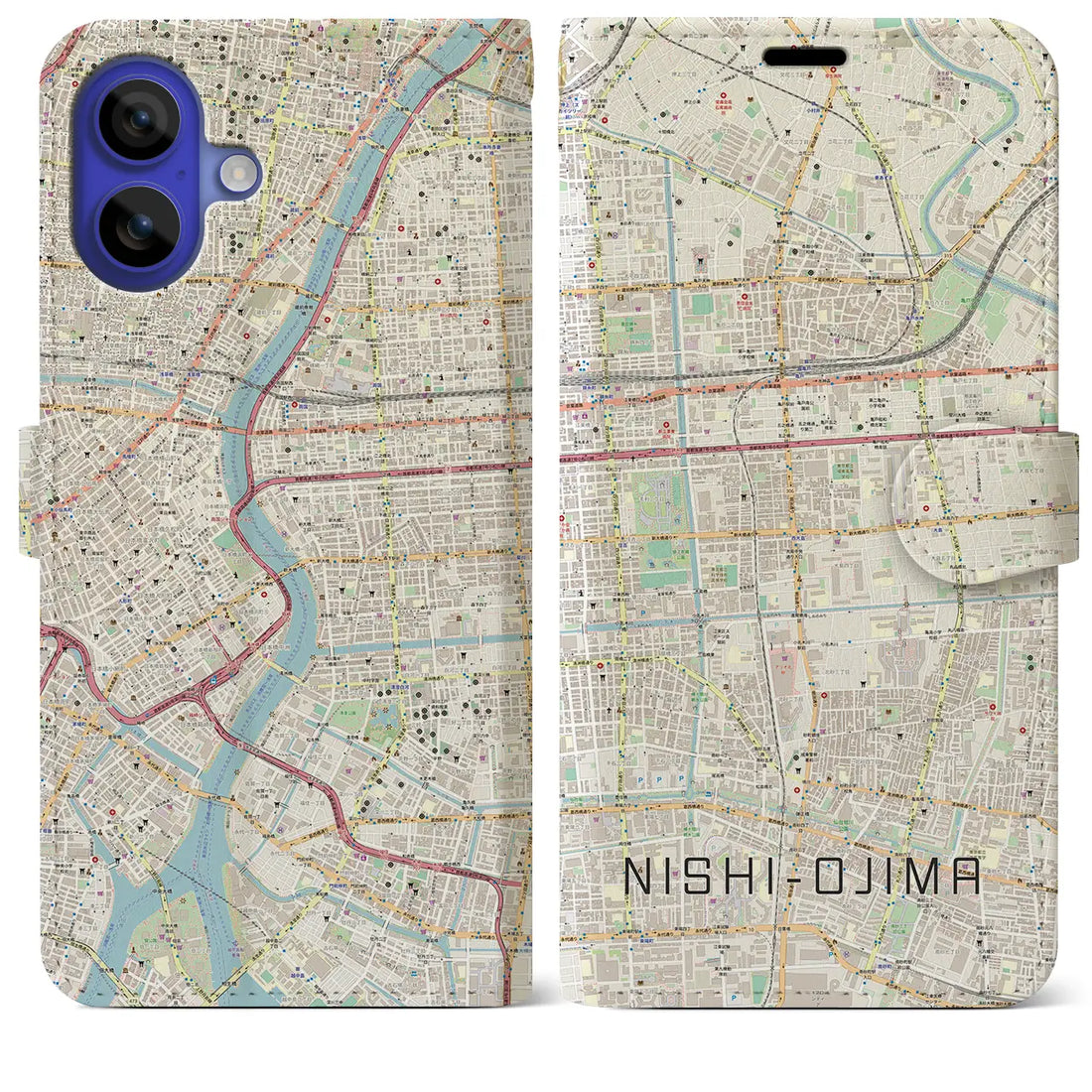 【西大島（東京都）】地図柄iPhoneケース（手帳タイプ）ナチュラル・iPhone 16 Pro Max 用