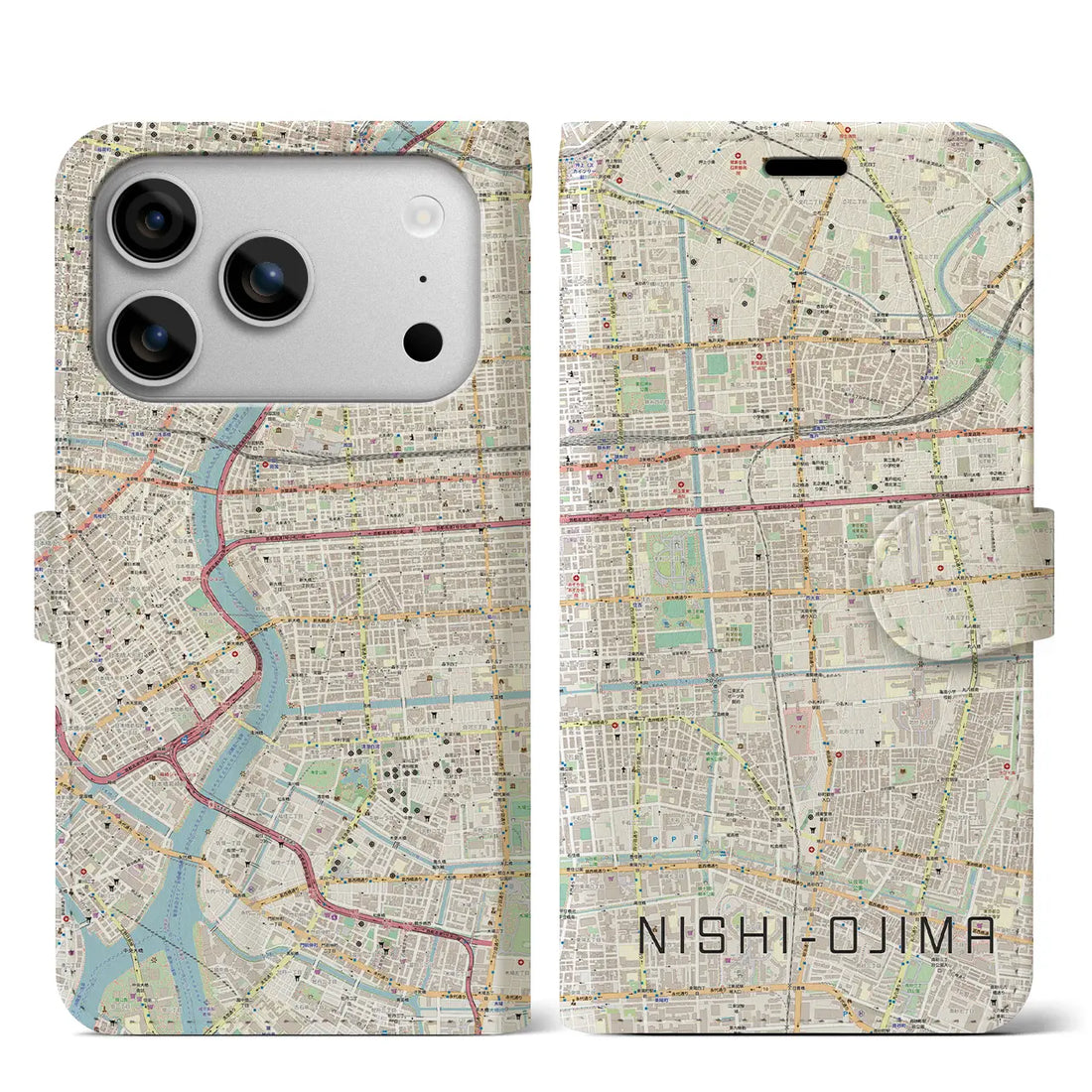 【西大島（東京都）】地図柄iPhoneケース（手帳タイプ）ナチュラル・iPhone 17 Pro Max 用