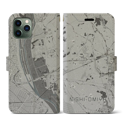 【西大宮（埼玉県）】地図柄iPhoneケース（手帳タイプ）モノトーン・iPhone 11 Pro 用