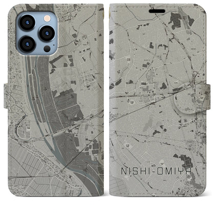 【西大宮（埼玉県）】地図柄iPhoneケース（手帳タイプ）モノトーン・iPhone 13 Pro Max 用