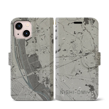 【西大宮（埼玉県）】地図柄iPhoneケース（手帳タイプ）モノトーン・iPhone 13 mini 用