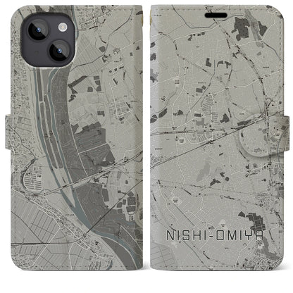 【西大宮（埼玉県）】地図柄iPhoneケース（手帳タイプ）モノトーン・iPhone 14 Plus 用