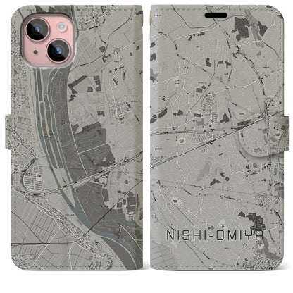 【西大宮（埼玉県）】地図柄iPhoneケース（手帳タイプ）モノトーン・iPhone 15 Plus 用