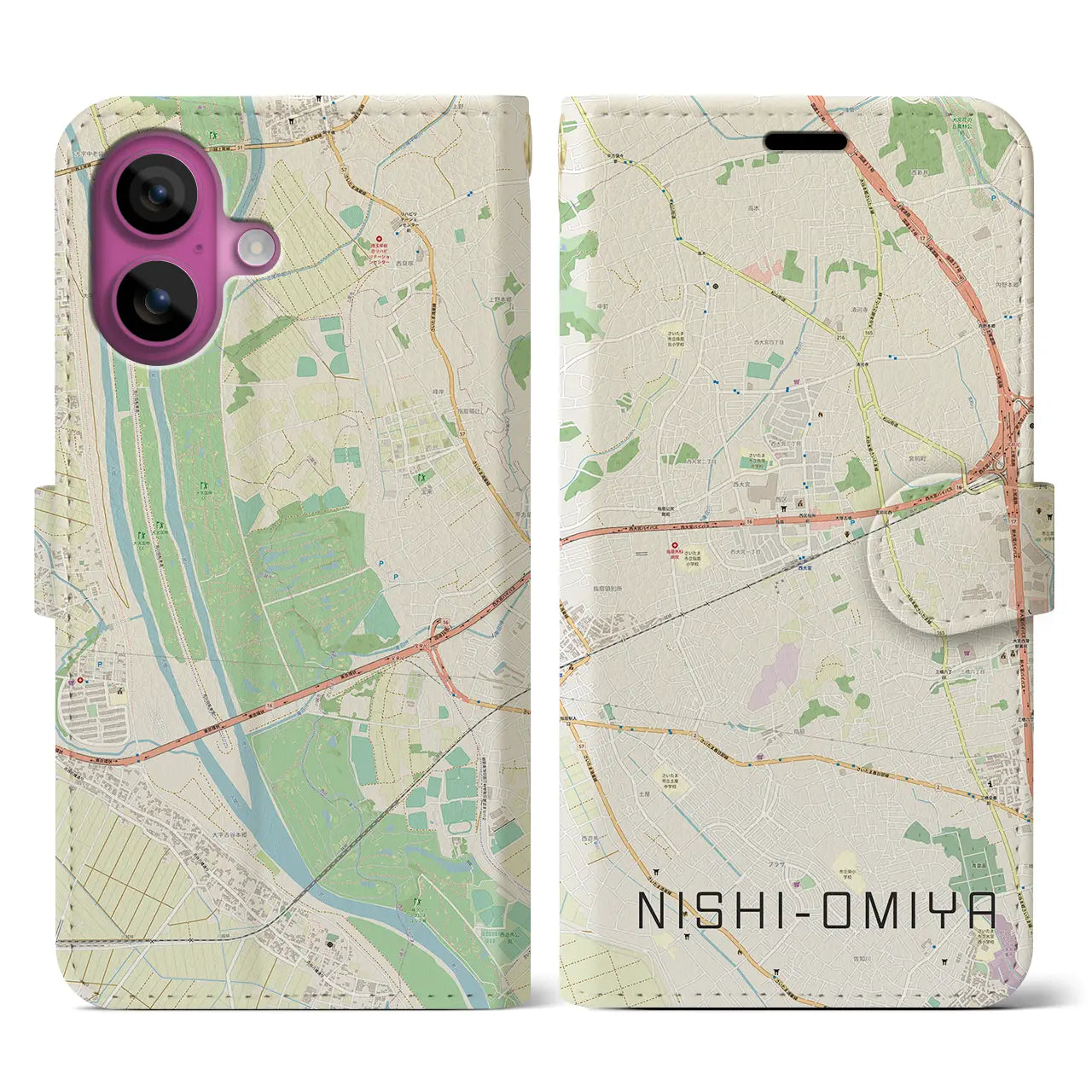 【西大宮（埼玉県）】地図柄iPhoneケース（手帳タイプ）ナチュラル・iPhone 16 Pro 用