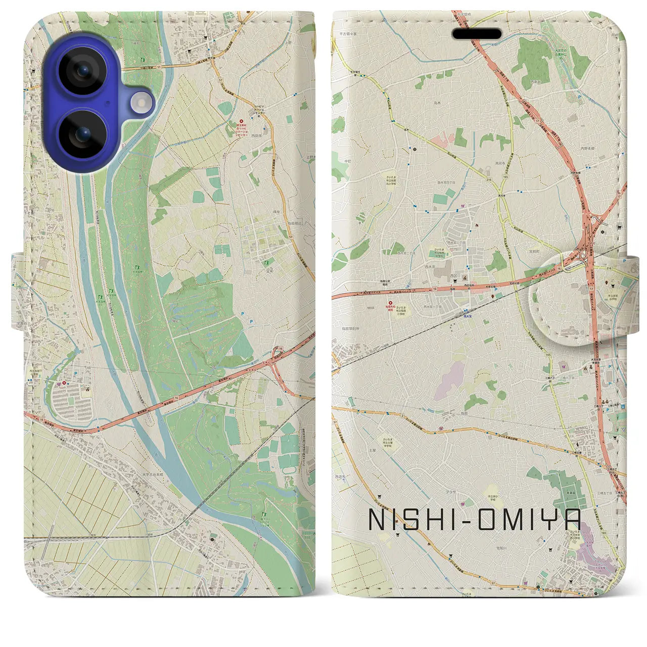 【西大宮（埼玉県）】地図柄iPhoneケース（手帳タイプ）ナチュラル・iPhone 16 Pro Max 用