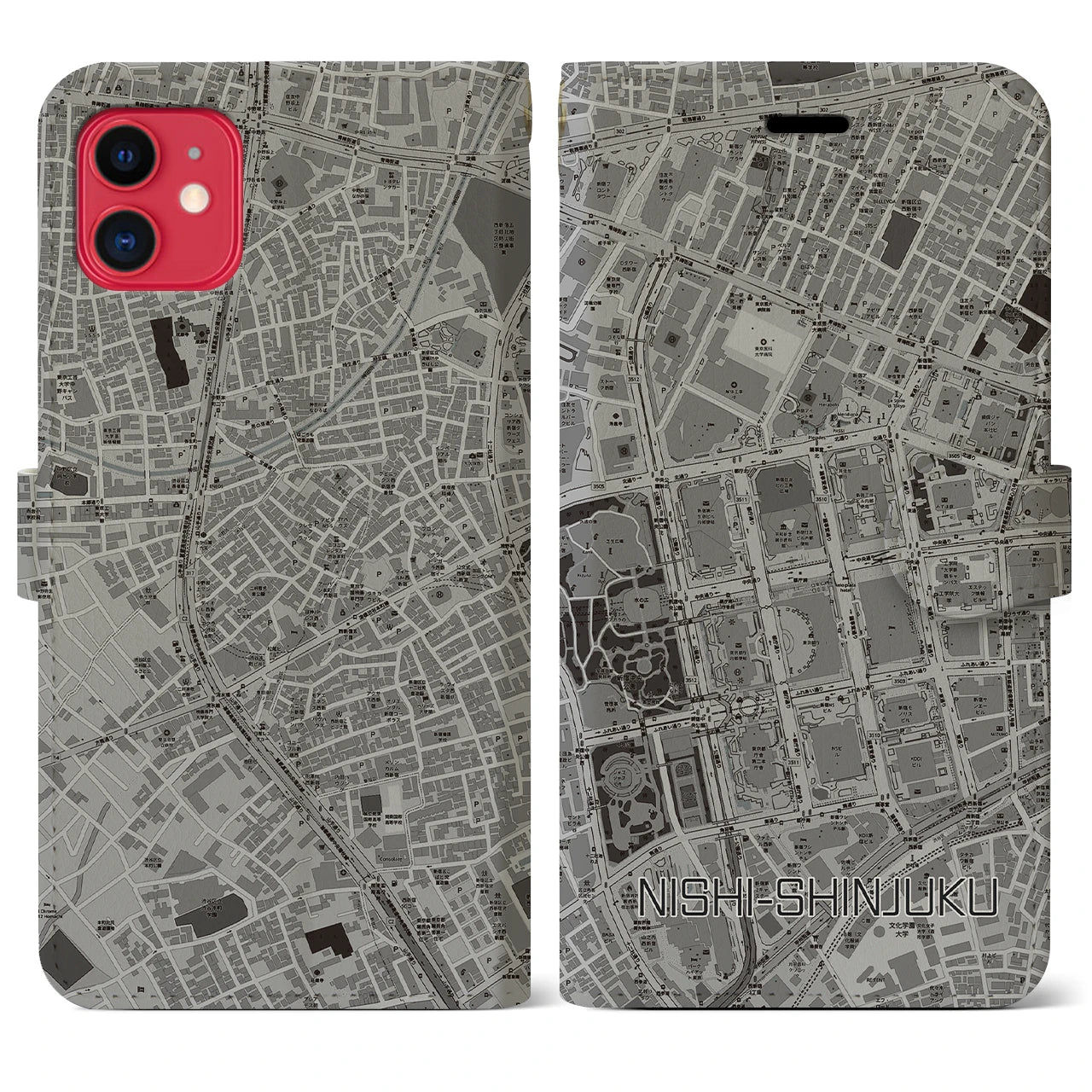 【西新宿】地図柄iPhoneケース（手帳両面タイプ・モノトーン）iPhone 11 用