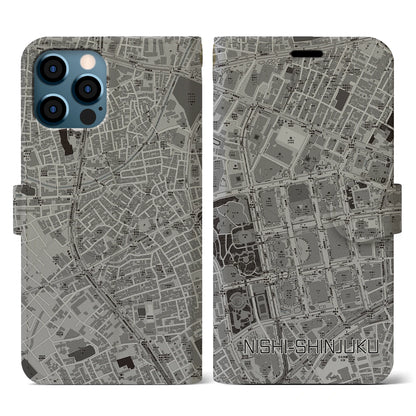 【西新宿（東京都）】地図柄iPhoneケース（手帳タイプ）モノトーン・iPhone 12 / 12 Pro 用