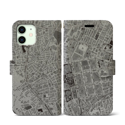 【西新宿（東京都）】地図柄iPhoneケース（手帳タイプ）モノトーン・iPhone 12 mini 用