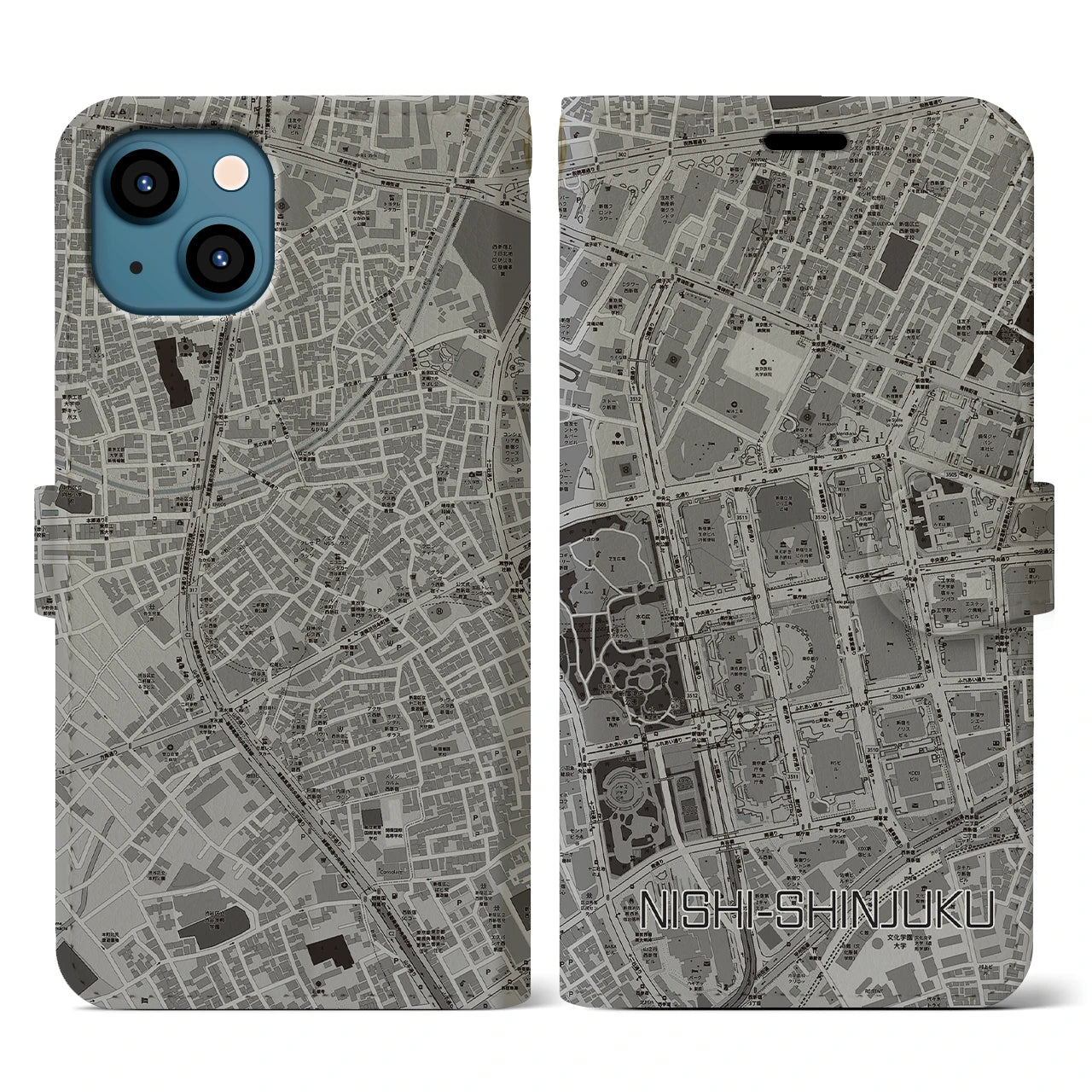【西新宿】地図柄iPhoneケース（手帳両面タイプ・モノトーン）iPhone 13 用