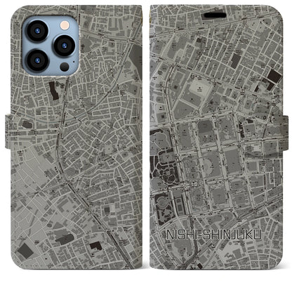 【西新宿（東京都）】地図柄iPhoneケース（手帳タイプ）モノトーン・iPhone 13 Pro Max 用