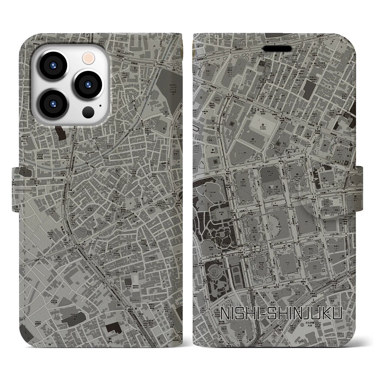 【西新宿】地図柄iPhoneケース（手帳両面タイプ・モノトーン）iPhone 13 Pro 用