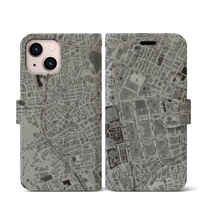 【西新宿（東京都）】地図柄iPhoneケース（手帳タイプ）モノトーン・iPhone 13 mini 用