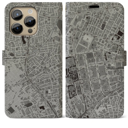 【西新宿（東京都）】地図柄iPhoneケース（手帳タイプ）モノトーン・iPhone 14 Pro Max 用