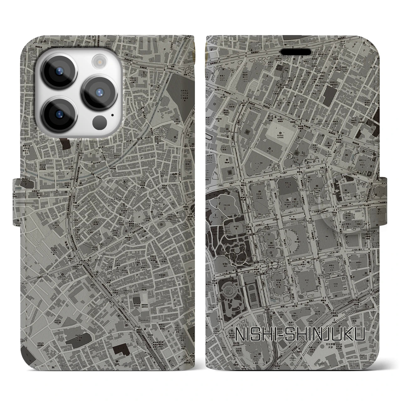 【西新宿】地図柄iPhoneケース（手帳両面タイプ・モノトーン）iPhone 14 Pro 用